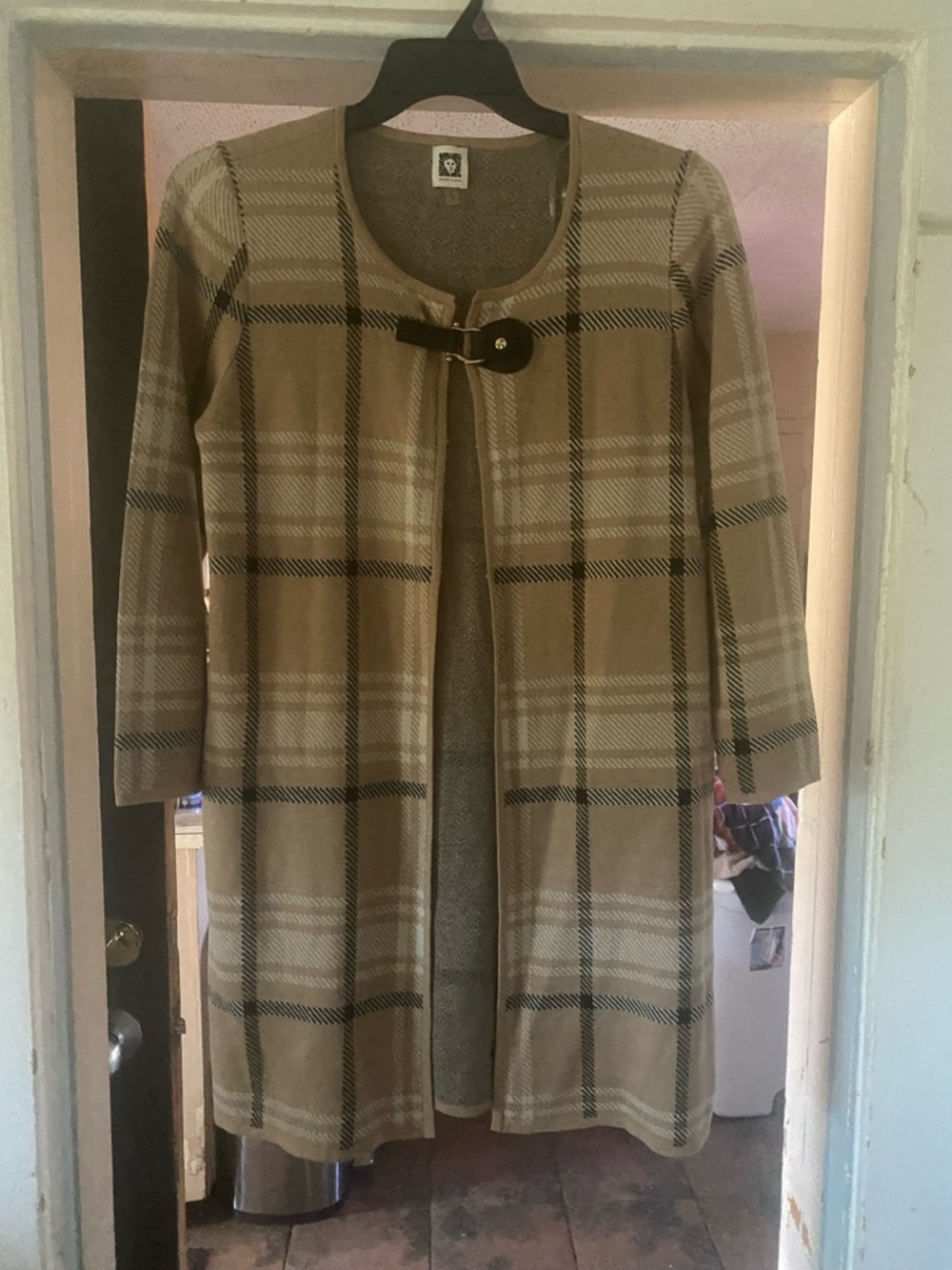 Anne Klein Beige Plaid Long Open-Front Cardigan with Toggle